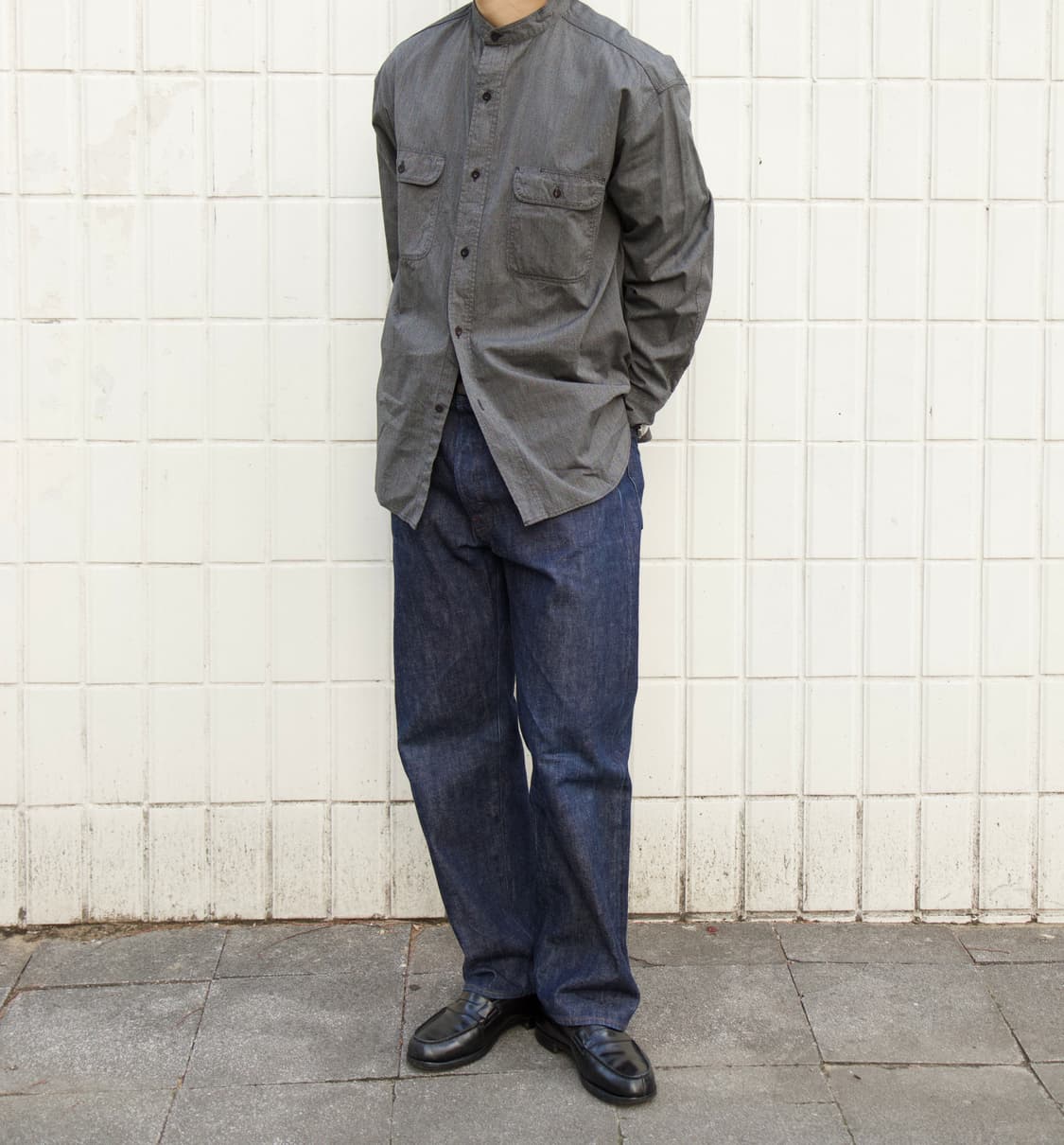 BLURHMS ROOTSTOCK 클래식 샴브레이 밴드칼라 워크셔츠 트위스 상품이미지9