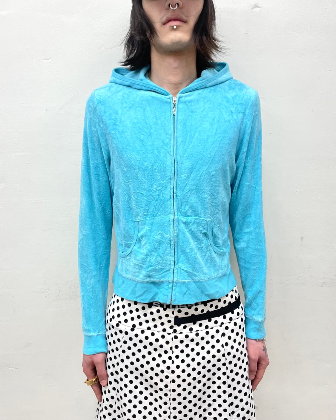 Aqua Blue Velvet Hood Zip-Up 상품이미지1