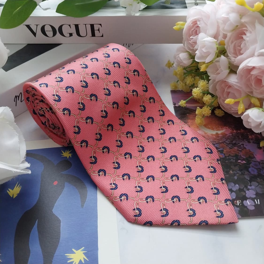 피에르 발망 실크 핑크 패턴 넥타이 10.1cm A등급 K2247 상품이미지4