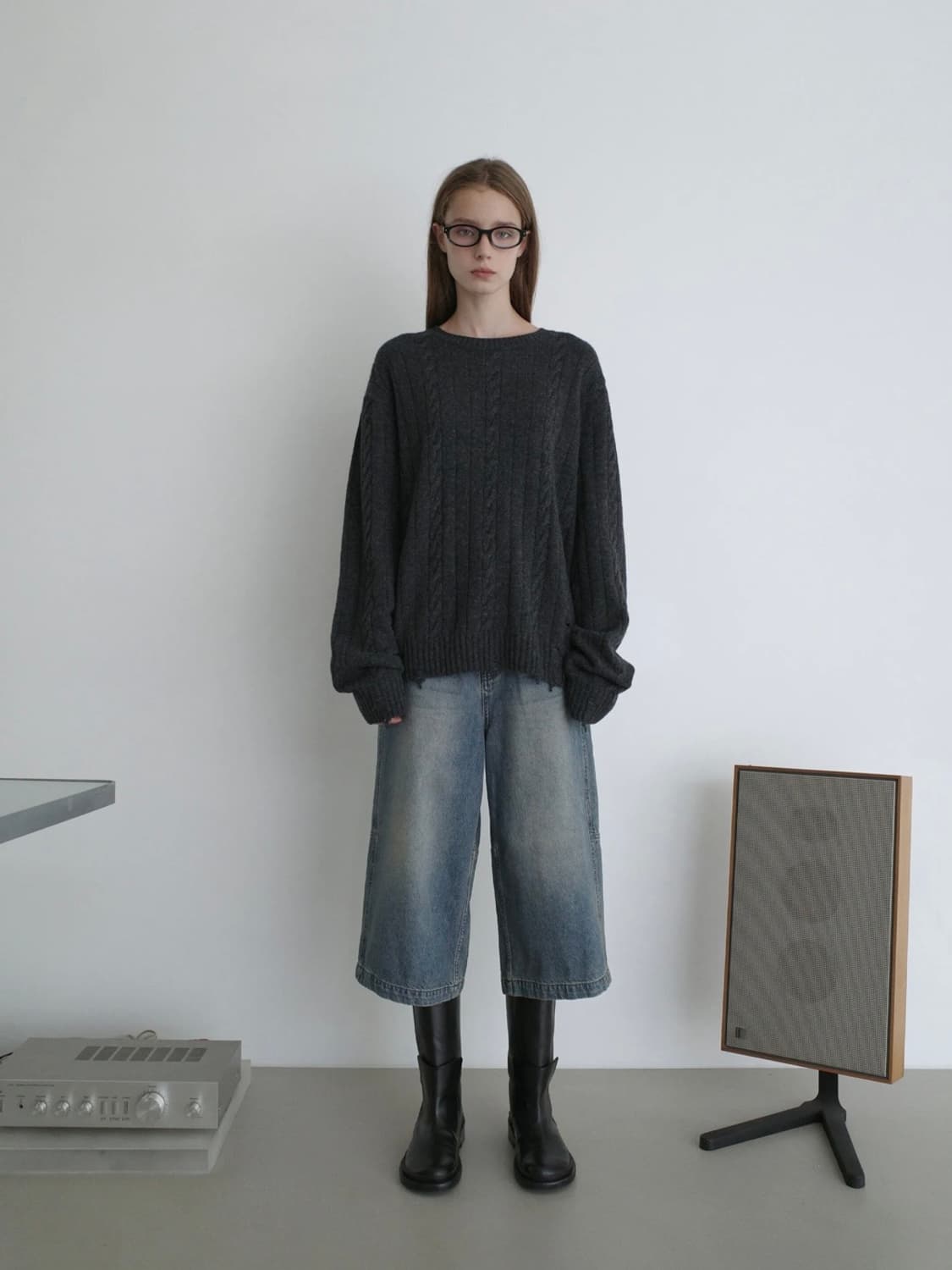 로우클래식 케이블 니트 차콜 M  상품이미지1