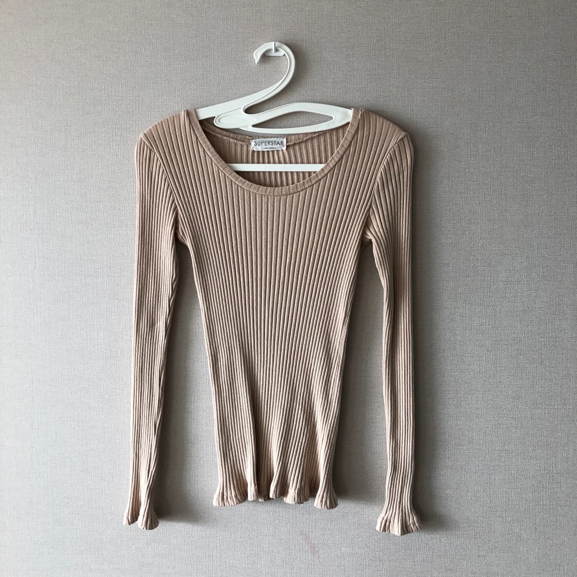 라운드 긴팔 티셔츠 블랙, 베이지 2장 일괄 스탠다드 데일리 골지 상품이미지2