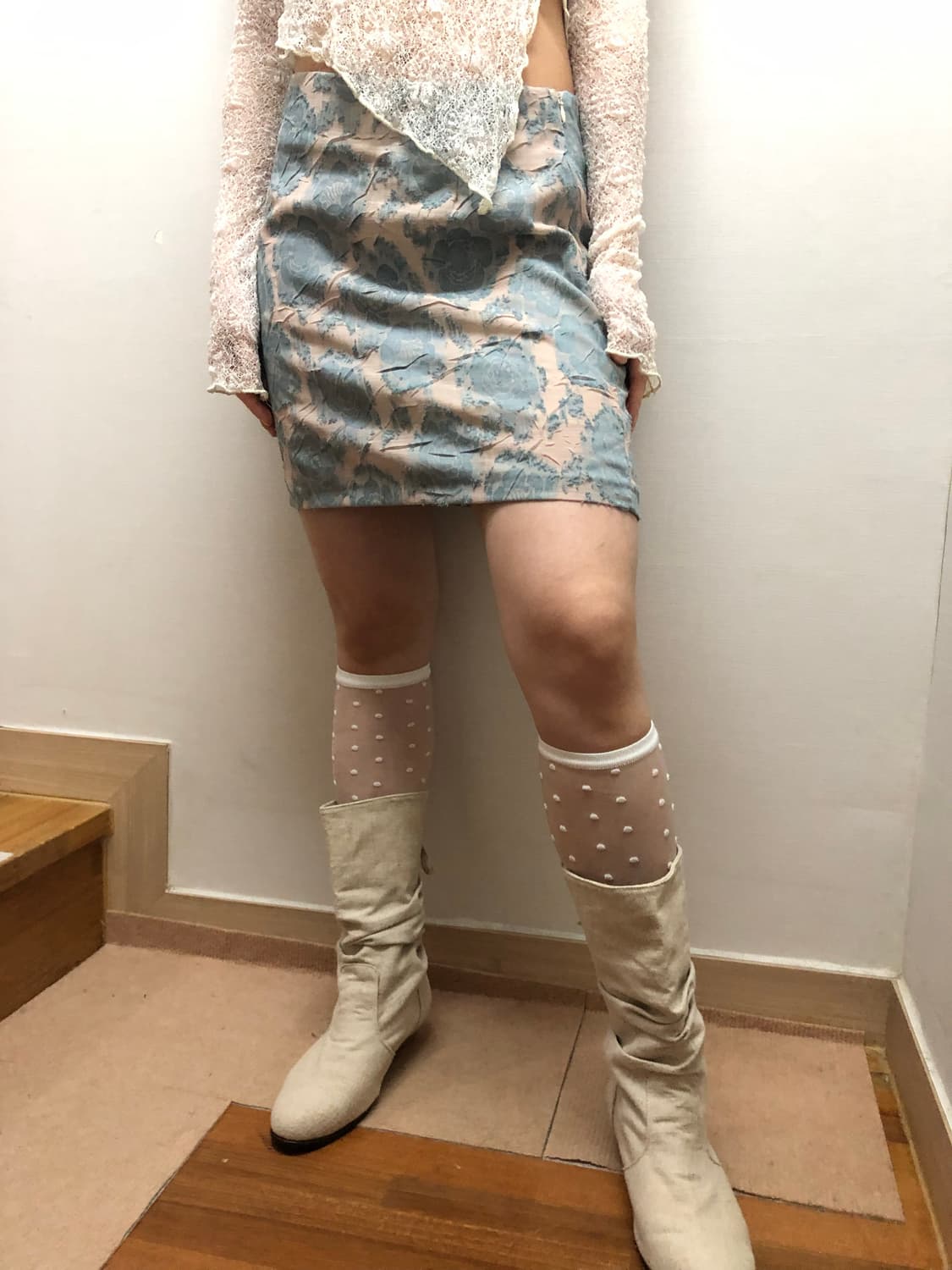 빈티지 라이트 블루 플라워 미니 스커트 상품이미지6