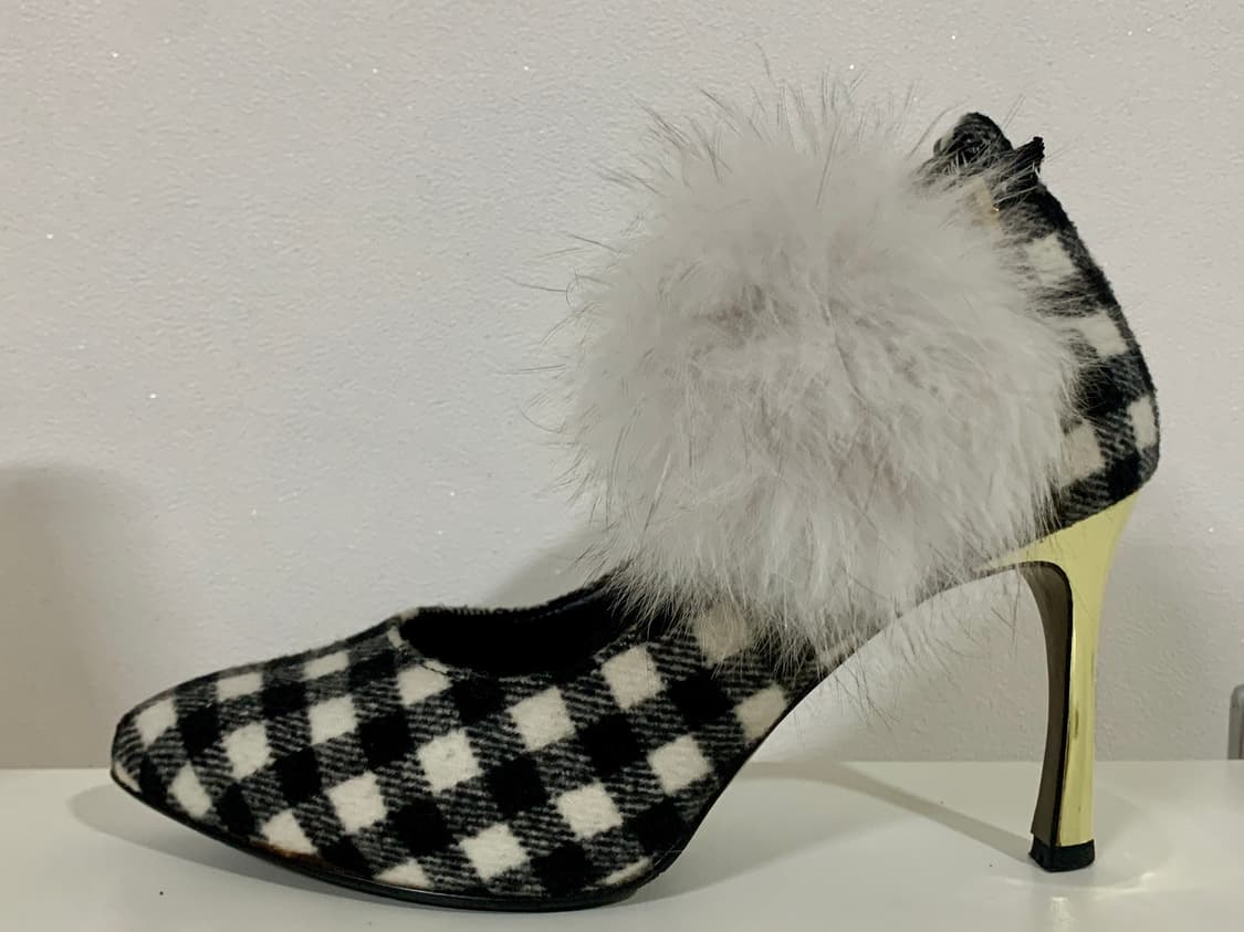 미소페 MISOPE 블랙앤화이트 체크 하이힐 퍼 장식 펌프스 슈즈 구두  상품이미지7