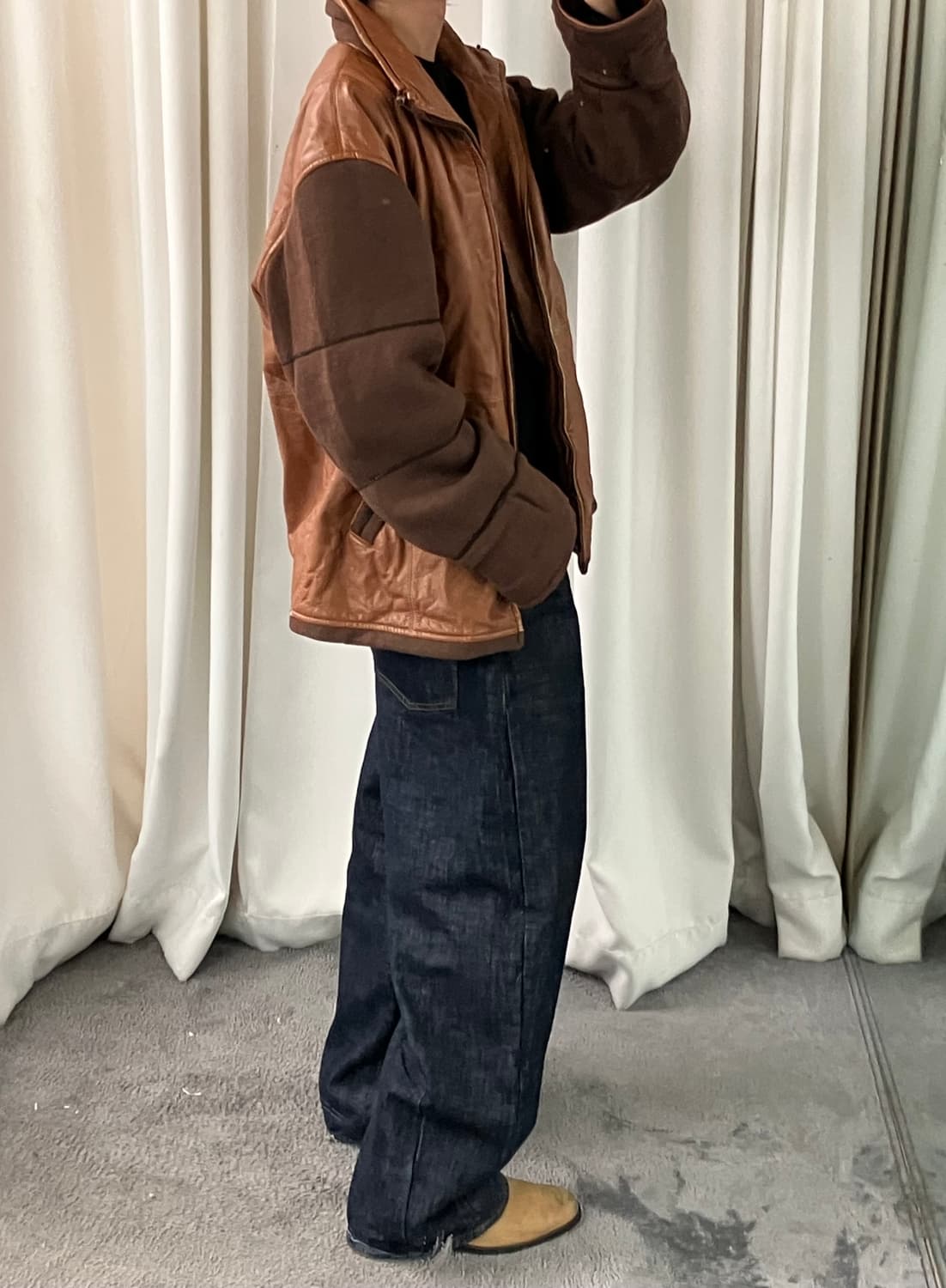 발망 브라운 양가죽 울 배색 하이넥 자켓 XL 상품이미지9