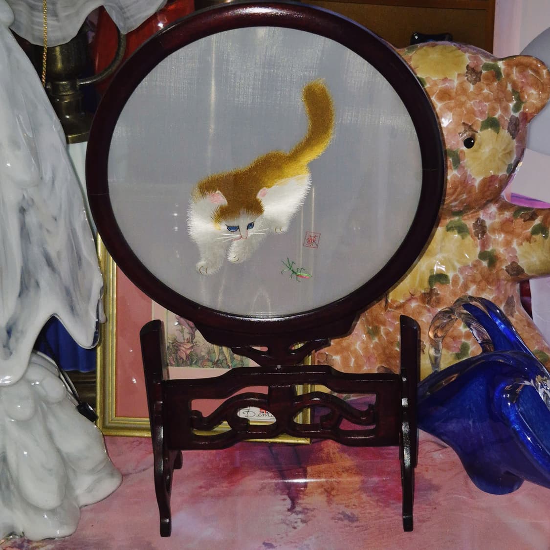 70s 쑤저우 오리엔탈 자수 고양이 우드 장식 상품이미지10