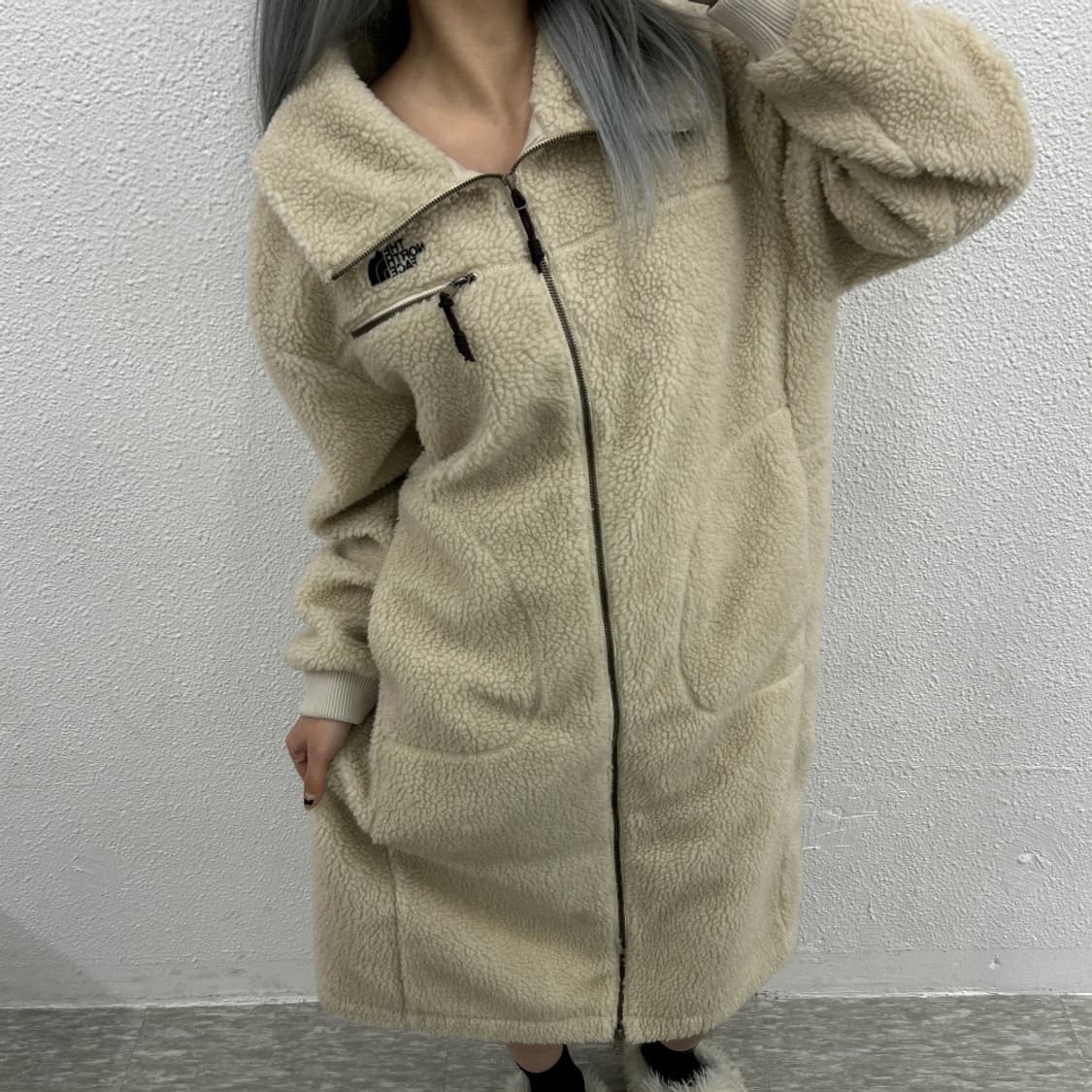 노스페이스 베이지 뽀글이 후드 롱 자켓 상품이미지1