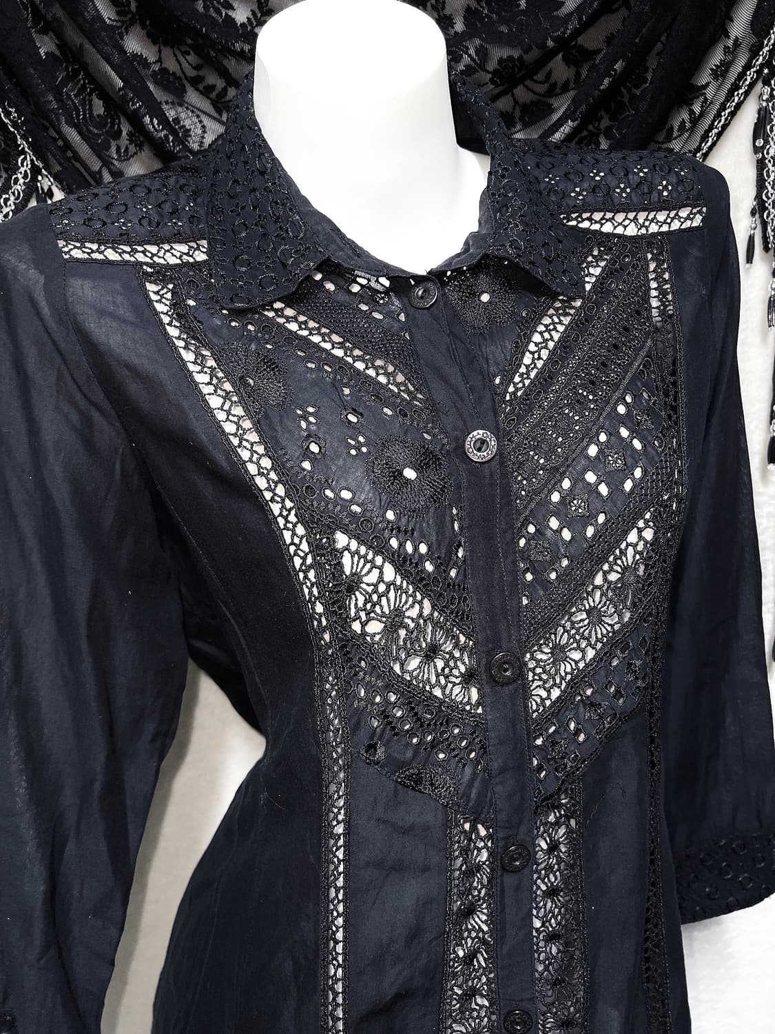 오리엔탈 고스펑크 고딕 레이스 펀칭 블랙 블라우스 중티 다크페어리 핀터 상품이미지3