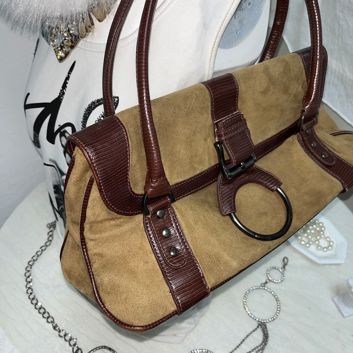 빈티지 빅 버클 베이지 스웨이드 백 상품이미지2