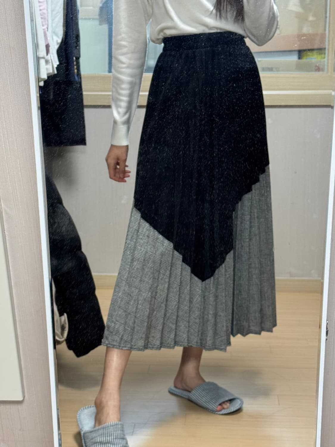 일본 수입 허리 고무밴딩 벨벳 체크패턴 롱스커트 상품이미지6