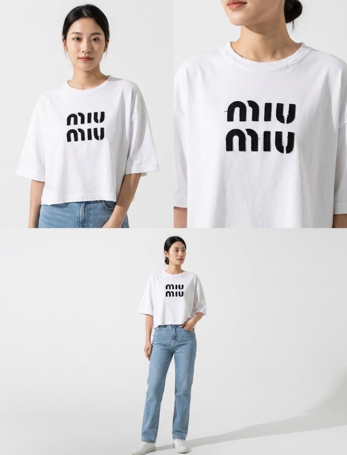 [M] 미우미우 여성 자수 코튼 크롭 반팔 티셔츠 화이트 MJN445 상품이미지2