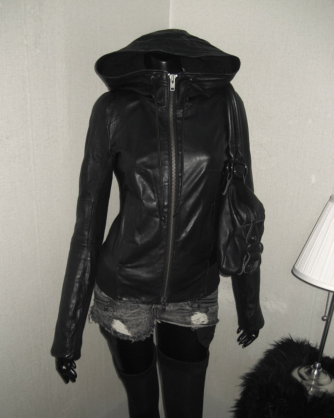 Moussy 마우지 하이넥 양 가죽 쉽스킨 후드 레더 자켓 집업 상품이미지5