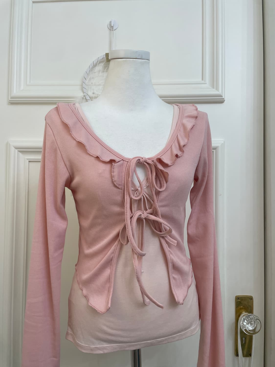 pink bow point crop cardigan&ruffle shir 상품이미지5