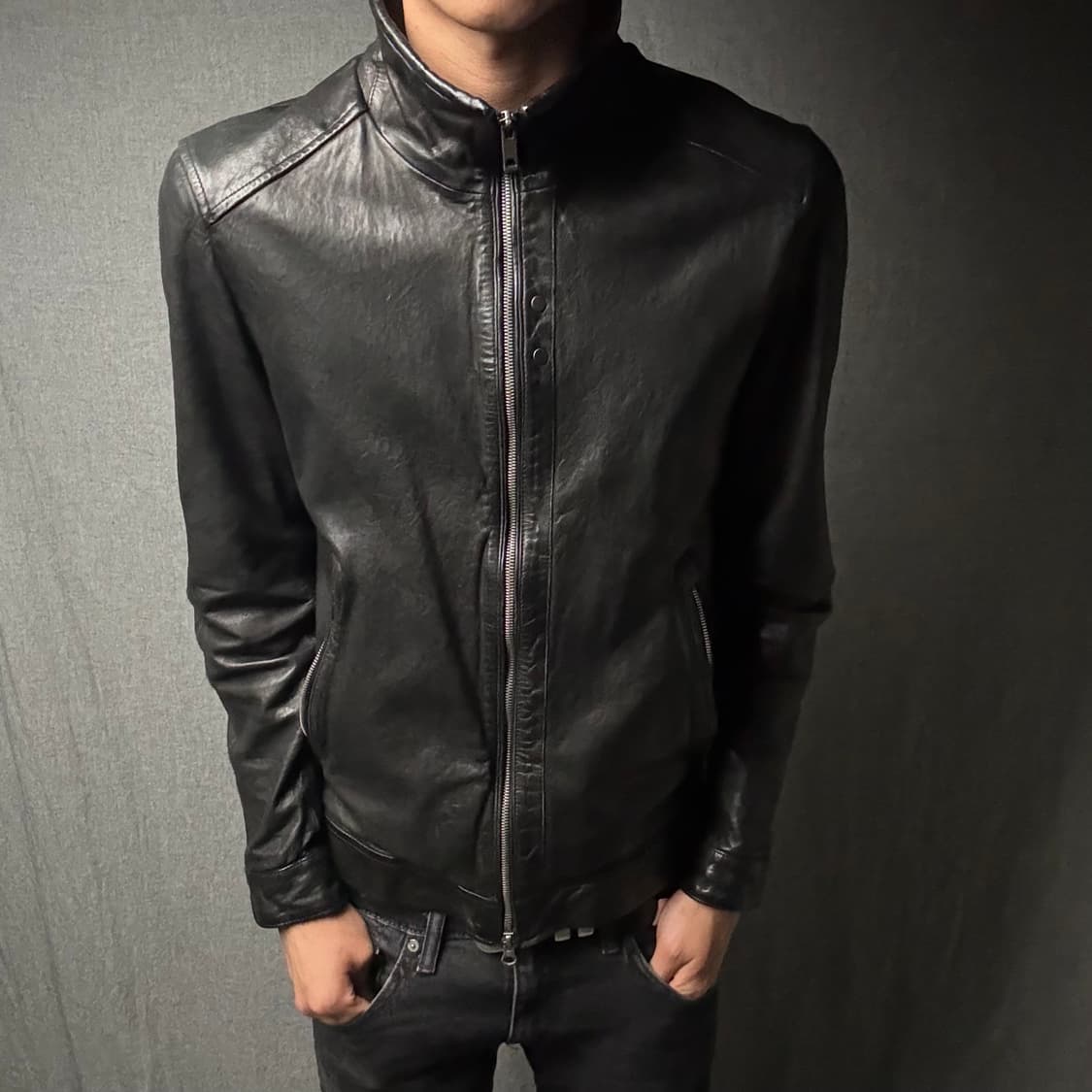 high neck leather jacket 상품이미지4
