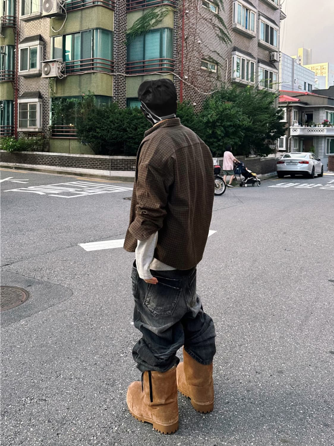 논노드 크롭 플렉시블 스트링 체크셔츠 브라운 상품이미지2