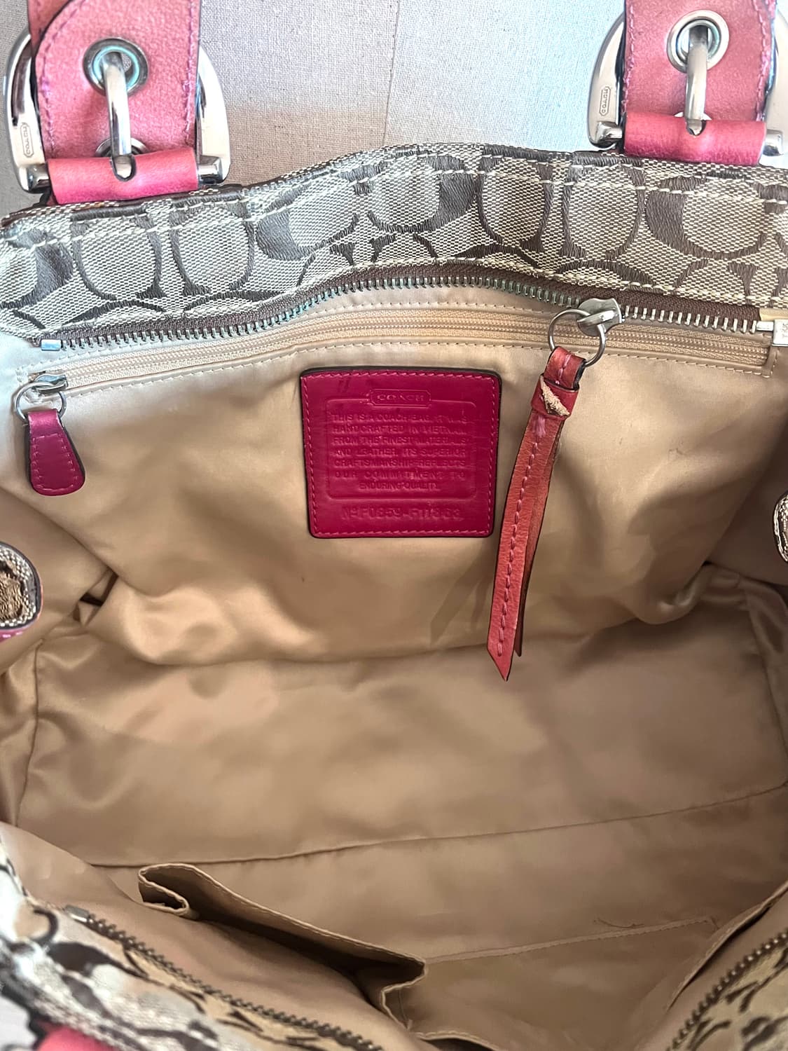 90s coach 코치 자카드 브라운 캔버스 레드 레더 호보 숄더백 상품이미지6