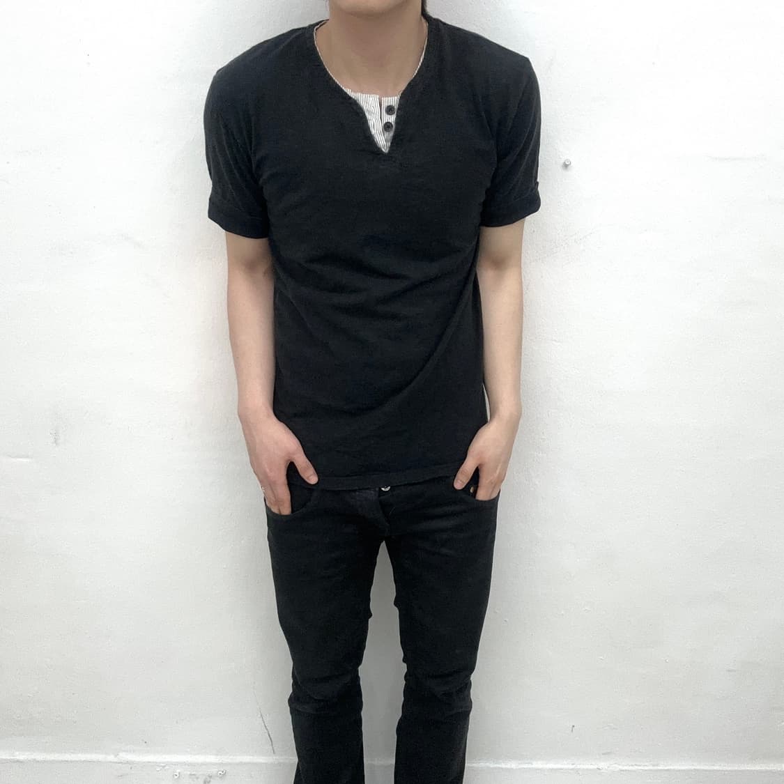 Semantic design stripe snap layered shor 상품이미지2