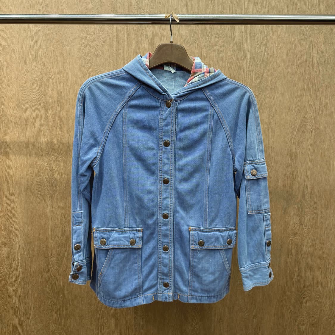 빈티지 데님 후드 자켓 체크 안감 후드 디테일 레귤러핏 라이트 블루 상품이미지2