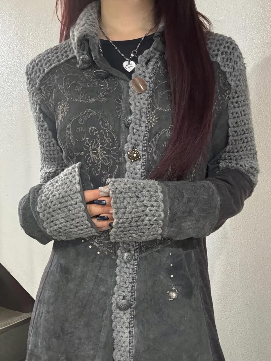 Grey Drop-Neck Mesh Detail Knit Cardigan 상품이미지2