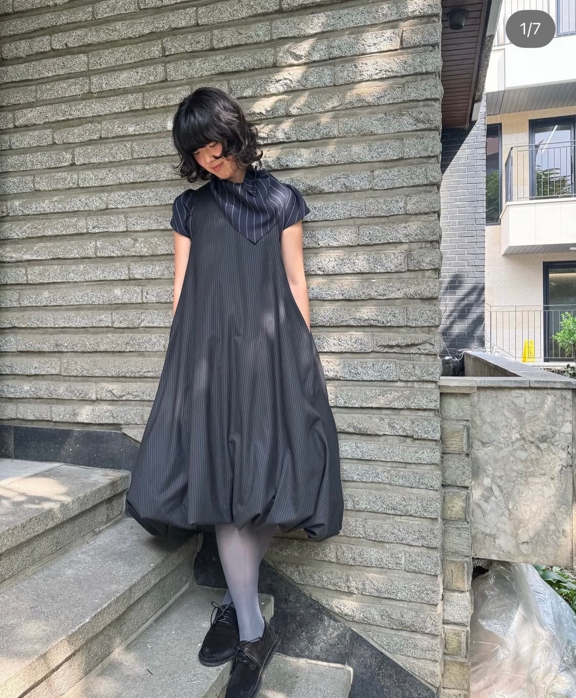 Cosmoss 코스모스 벌룬 스트라이프 드레스(블랙) 상품이미지1