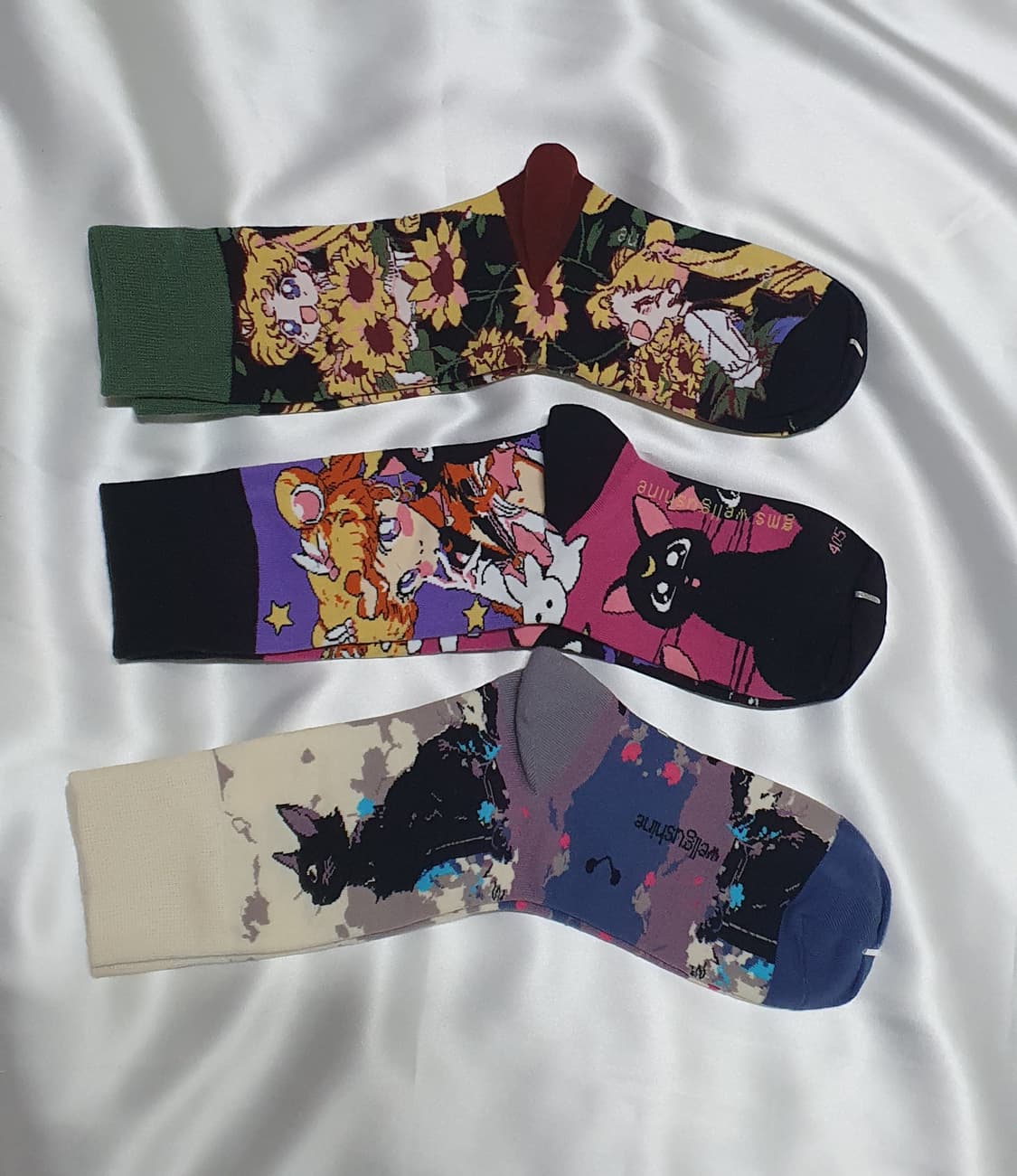 그린 크림베이지 퍼플핑크 해바라기 고양이 소녀 양말 상품이미지5