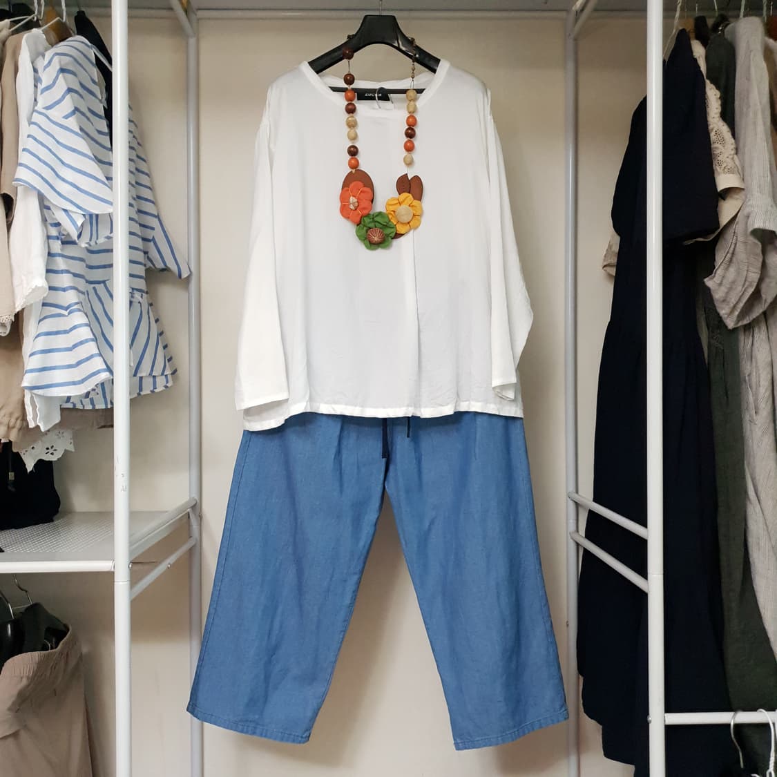 ZUCCA 주카 코튼리오셀 원턱 포인트 화이트 루스핏 탑 티셔츠 블라우스 상품이미지2