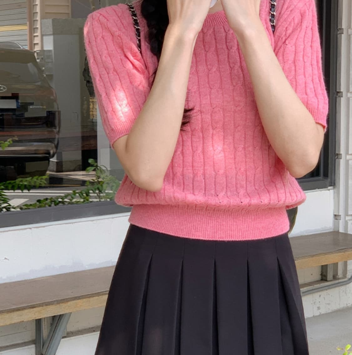 아뜨랑스 마리 캐시울 케이블 반팔 니트 [Pink/Free] 상품이미지2