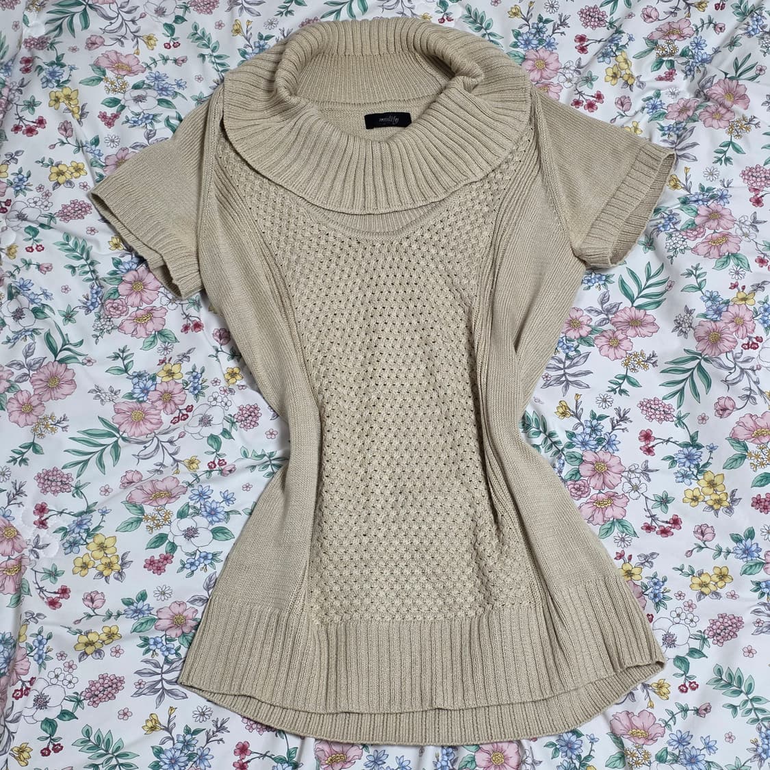 일본빈티지)베이지 하구미 모리걸 라떼갸루 반팔 레이어드 로맨틱짜임 니트 상품이미지1