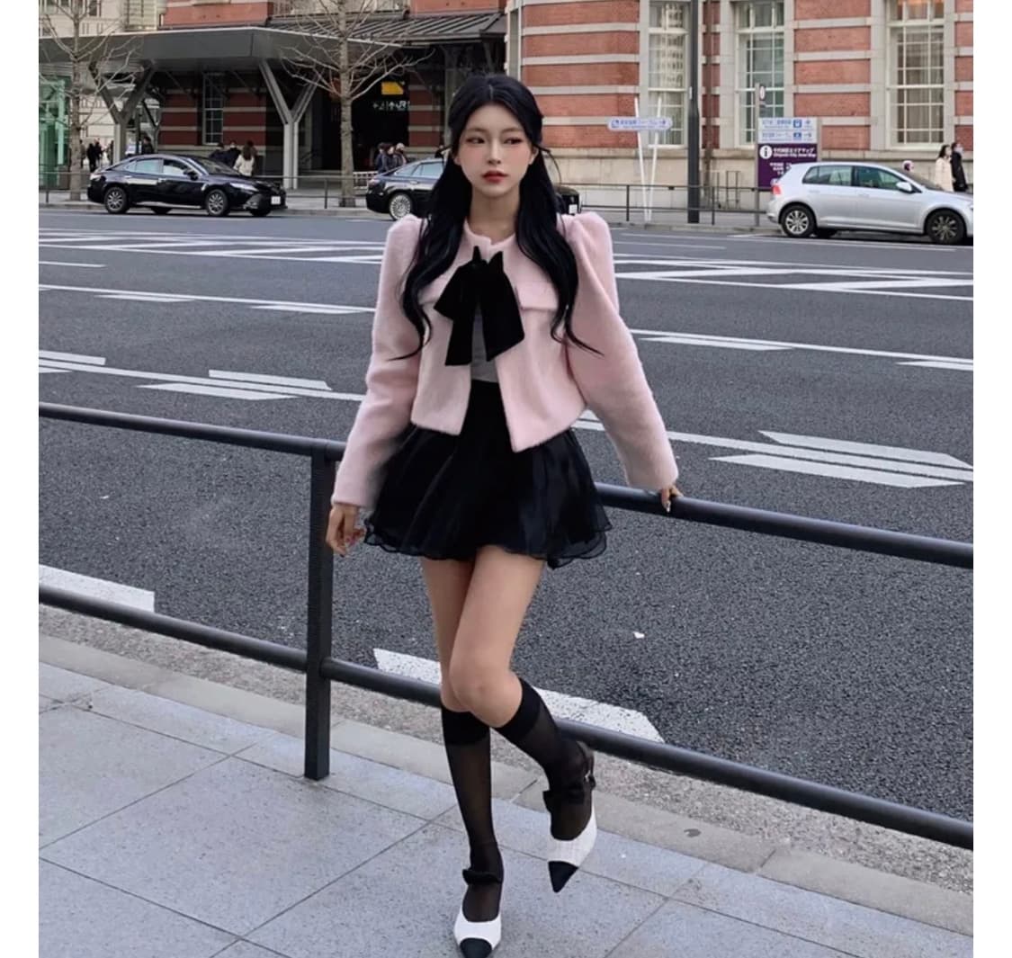 로웰리 퍼프 리본 크롭 숏 자켓 핑크 상품이미지3