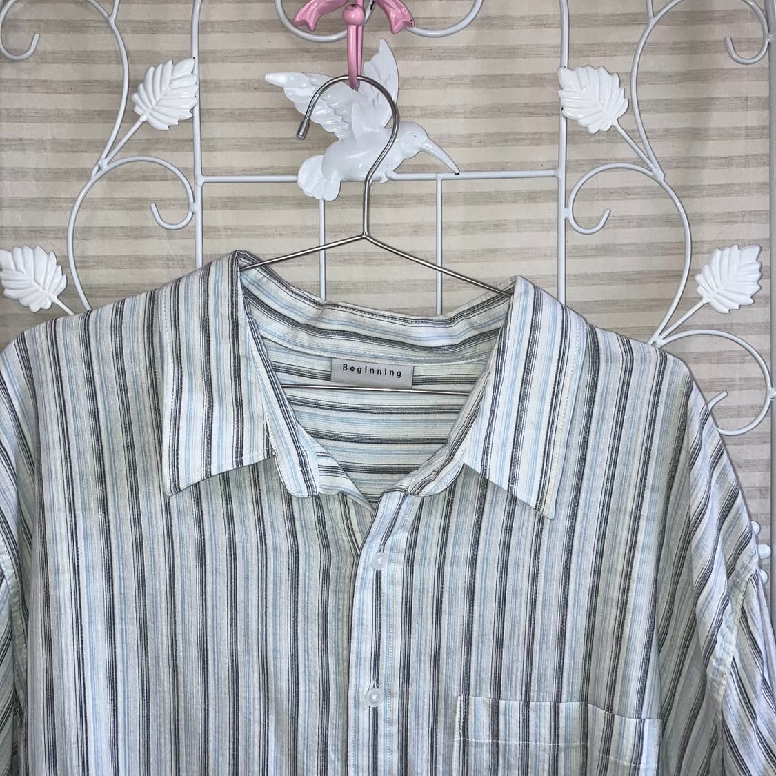 빈티지 스카이 블루 스트라이프 반팔 셔츠 y2k 스트릿 갸루 펑키461  상품이미지3