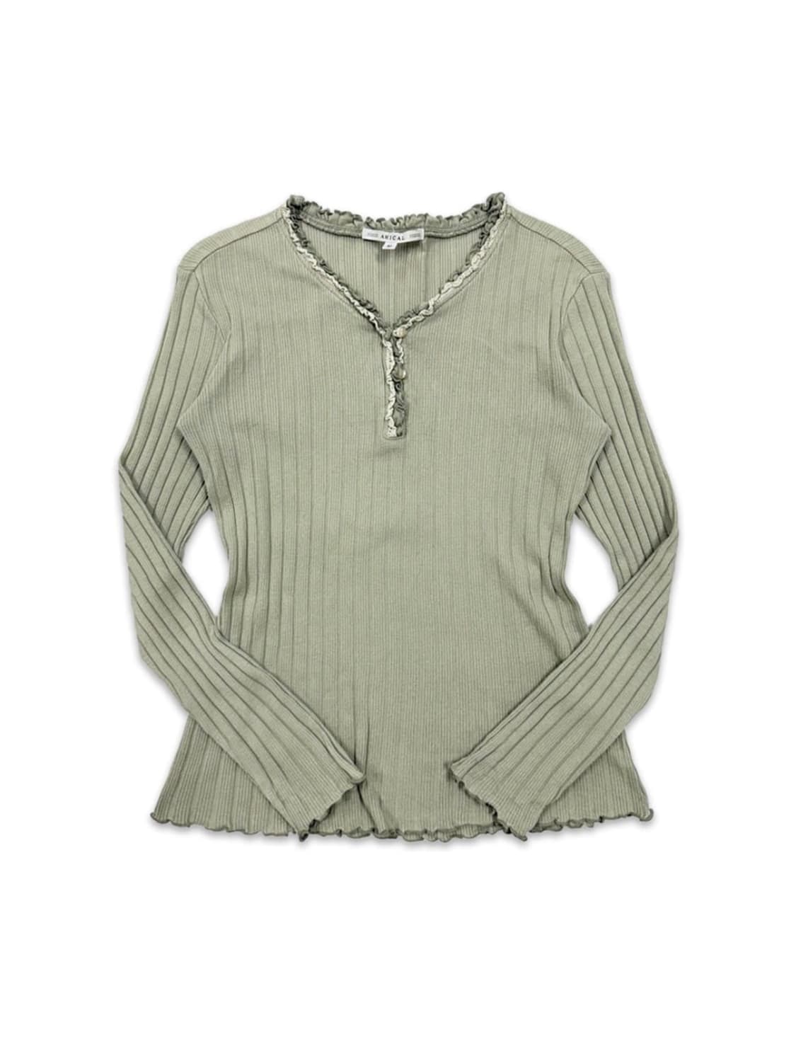 빈티지 그린 프릴 긴팔 모리 티셔츠 상품이미지1