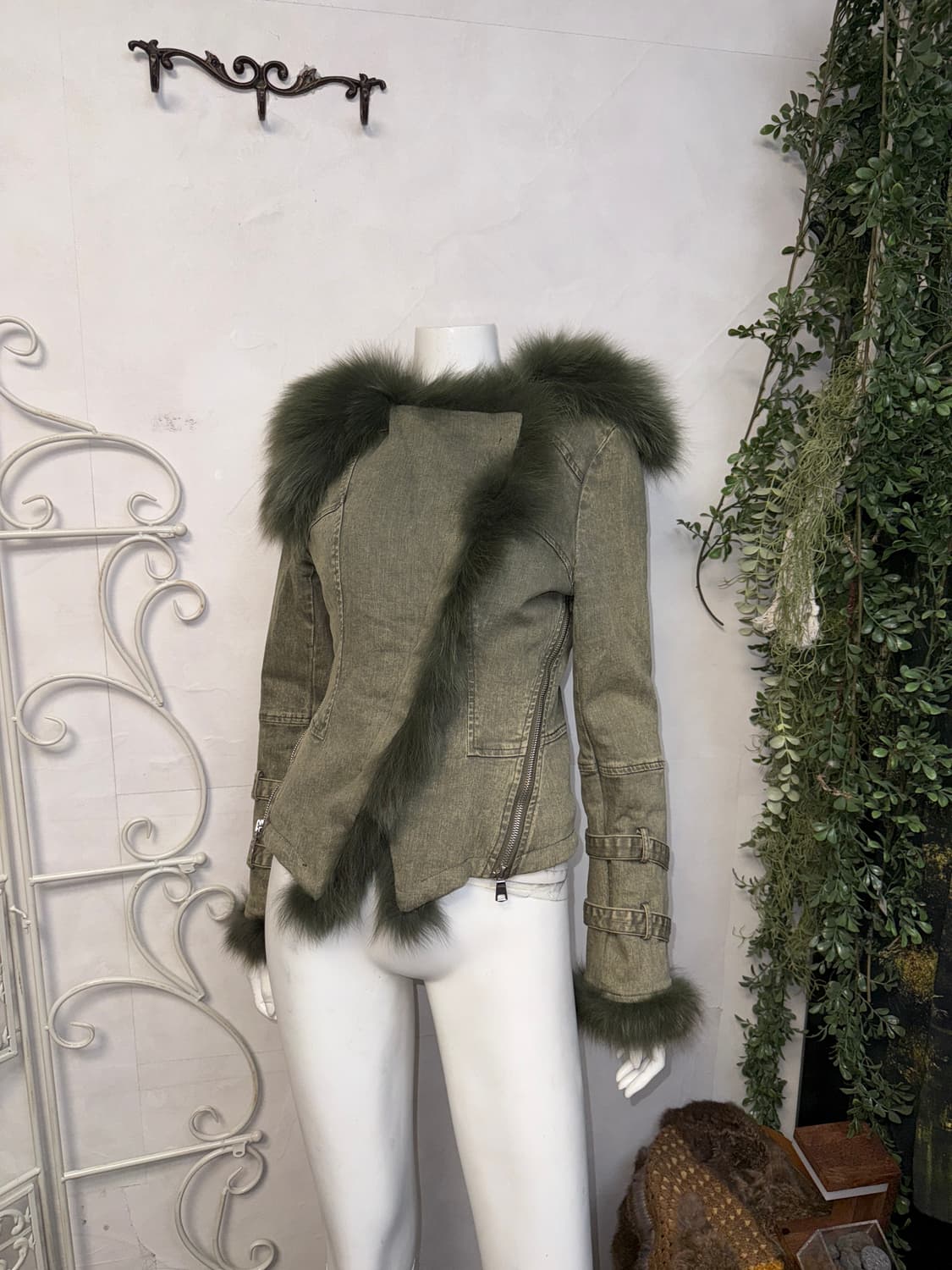 Khaki denim zipper buckle fur hood jk 상품이미지5