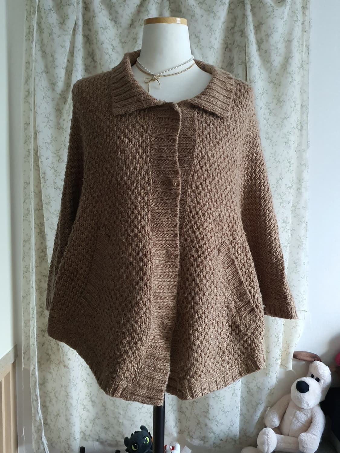 [모리걸] 달천깔 브라운 니트 가디건 숏 코트형 케이프 상품이미지1