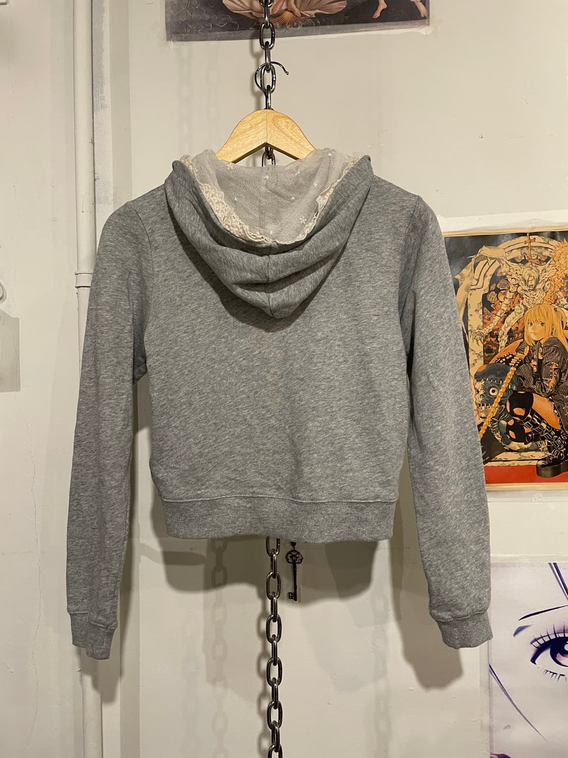 레이스 그레이 리본 포켓 크롭 후드집업 모리 러블리 상품이미지4