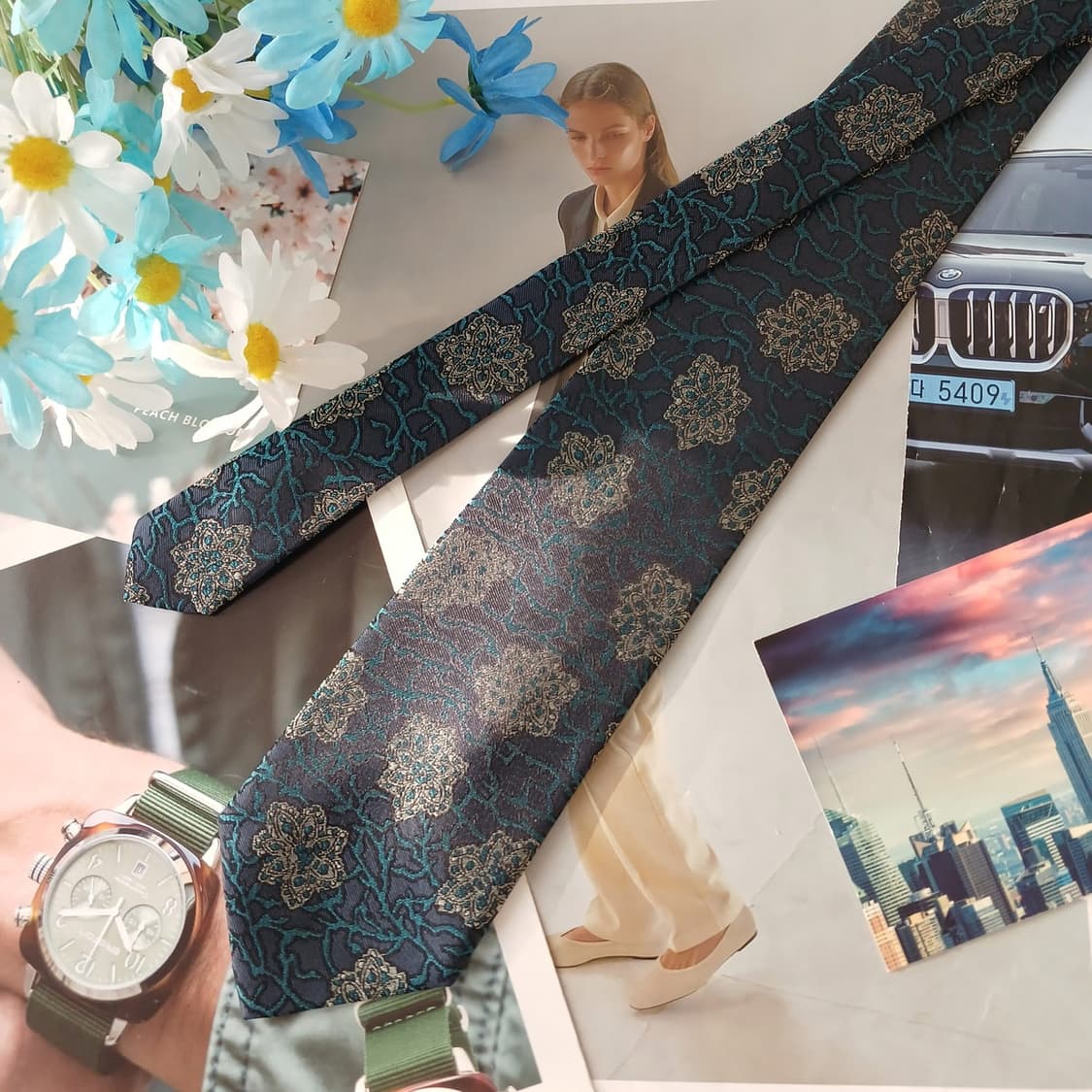 테드 라피두스 실크 청녹색 자카드 넥타이 8.6cm A+등급 A19368 상품이미지5