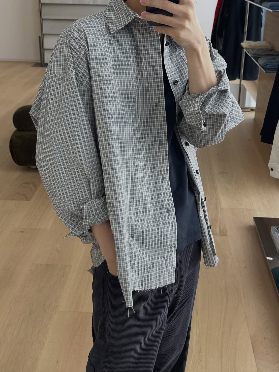 (M) Cmmawear Kogarashi 깅엄 체크 셔츠 grey 상품이미지3
