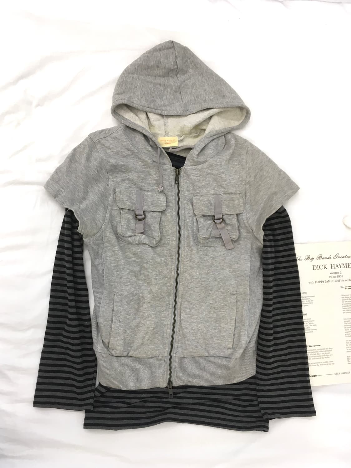 Set) y2k grey cargo hood zipup+ stripe t 상품이미지5