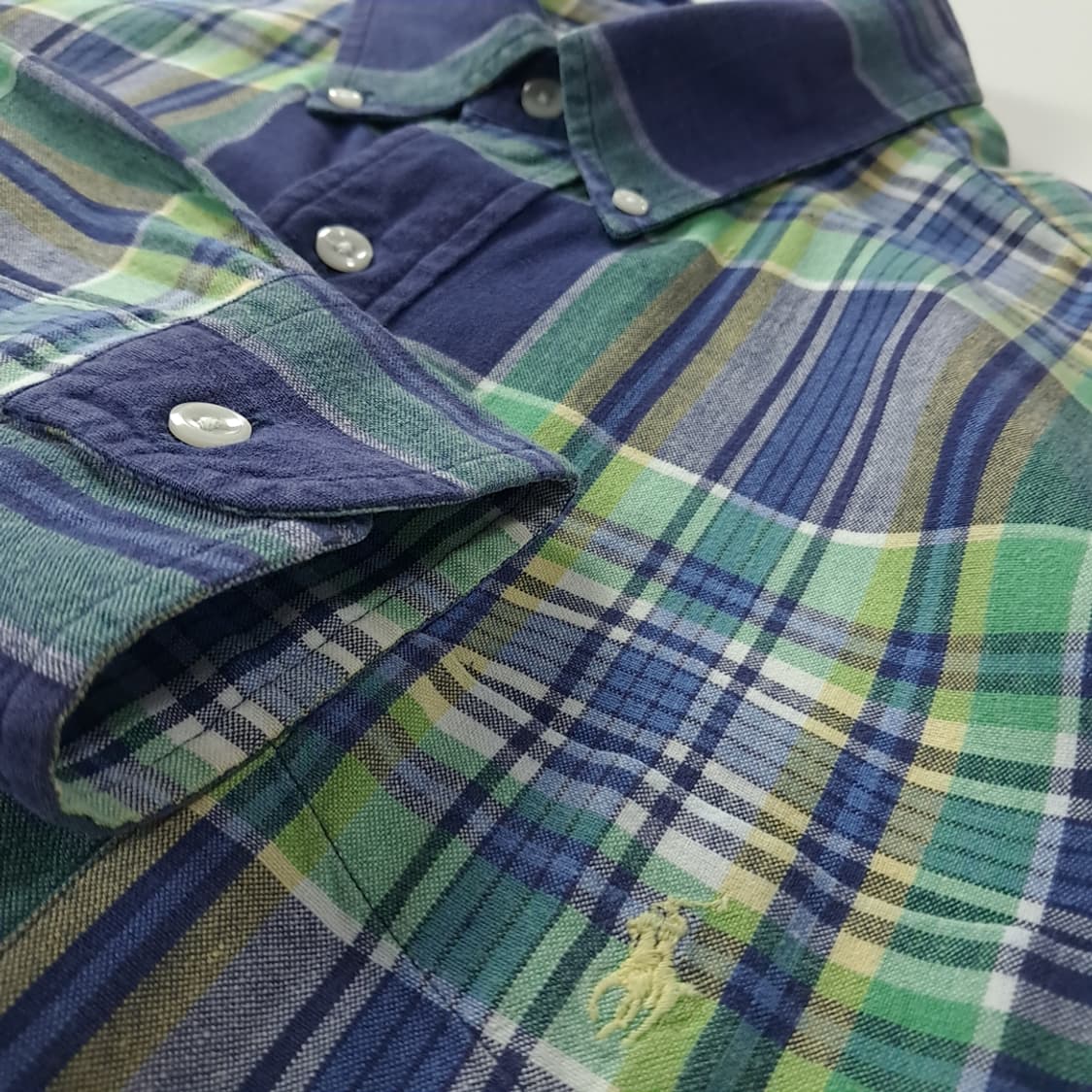 CK302 L 폴로 90s 일본판 네이비 그린 마드라스 셔츠 남방 상품이미지4