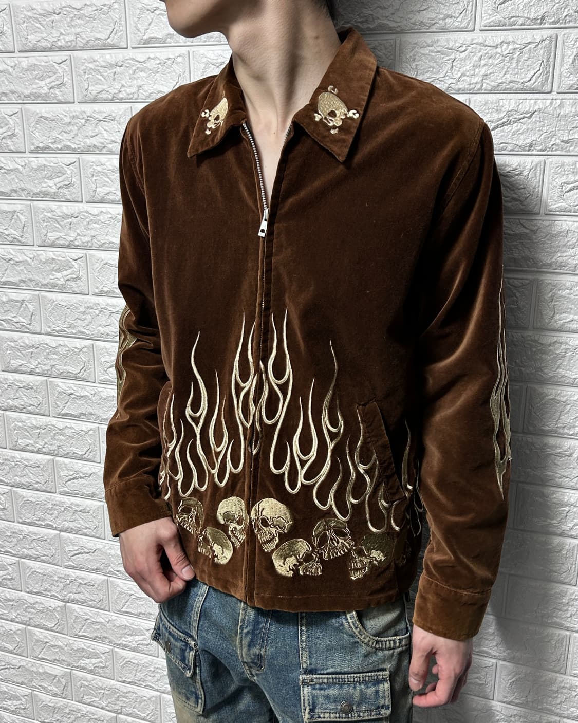 Back Street Crawler 벨루어 플레임 스컬 자켓 상품이미지4
