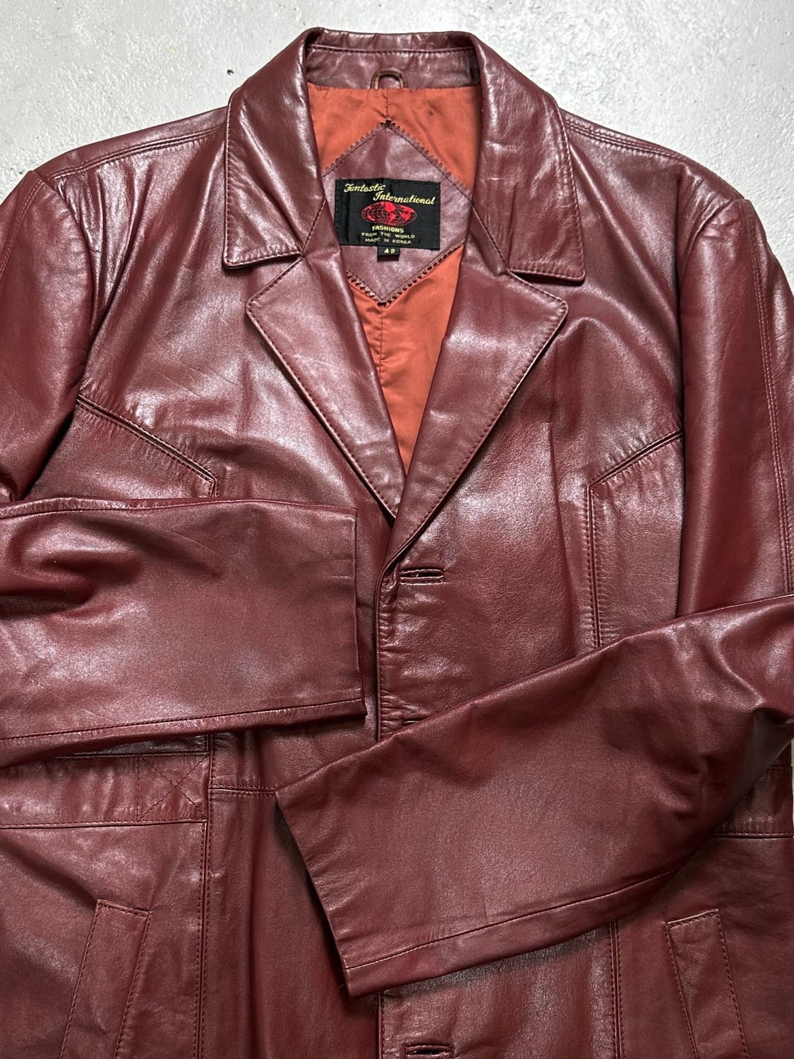 80's 빈티지 버건디 레더 자켓 레더 블레이저 카코트 상품이미지8
