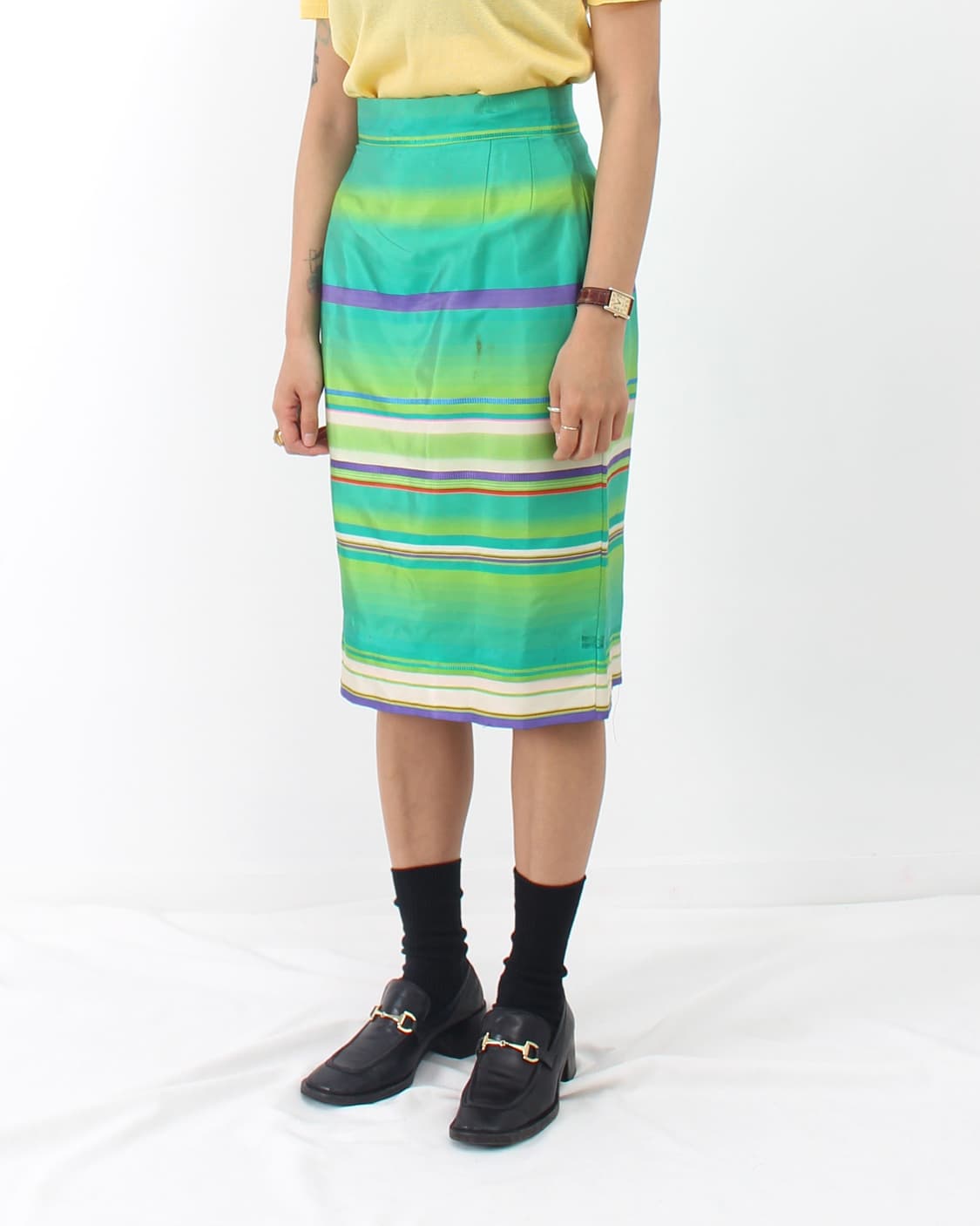 크리스찬 디올 Dior 빈티지 그린 스트라이프 실크 스커트 상품이미지3