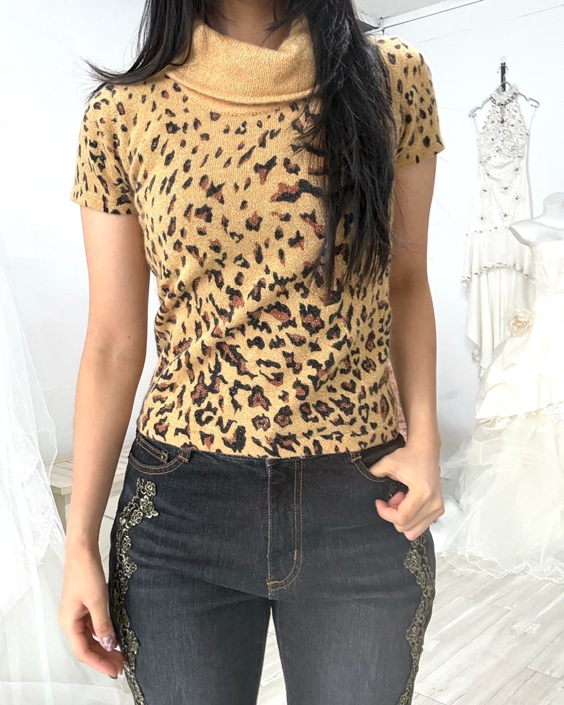 Leopard Turtleneck Short-Sleeve Knit Top 상품이미지5