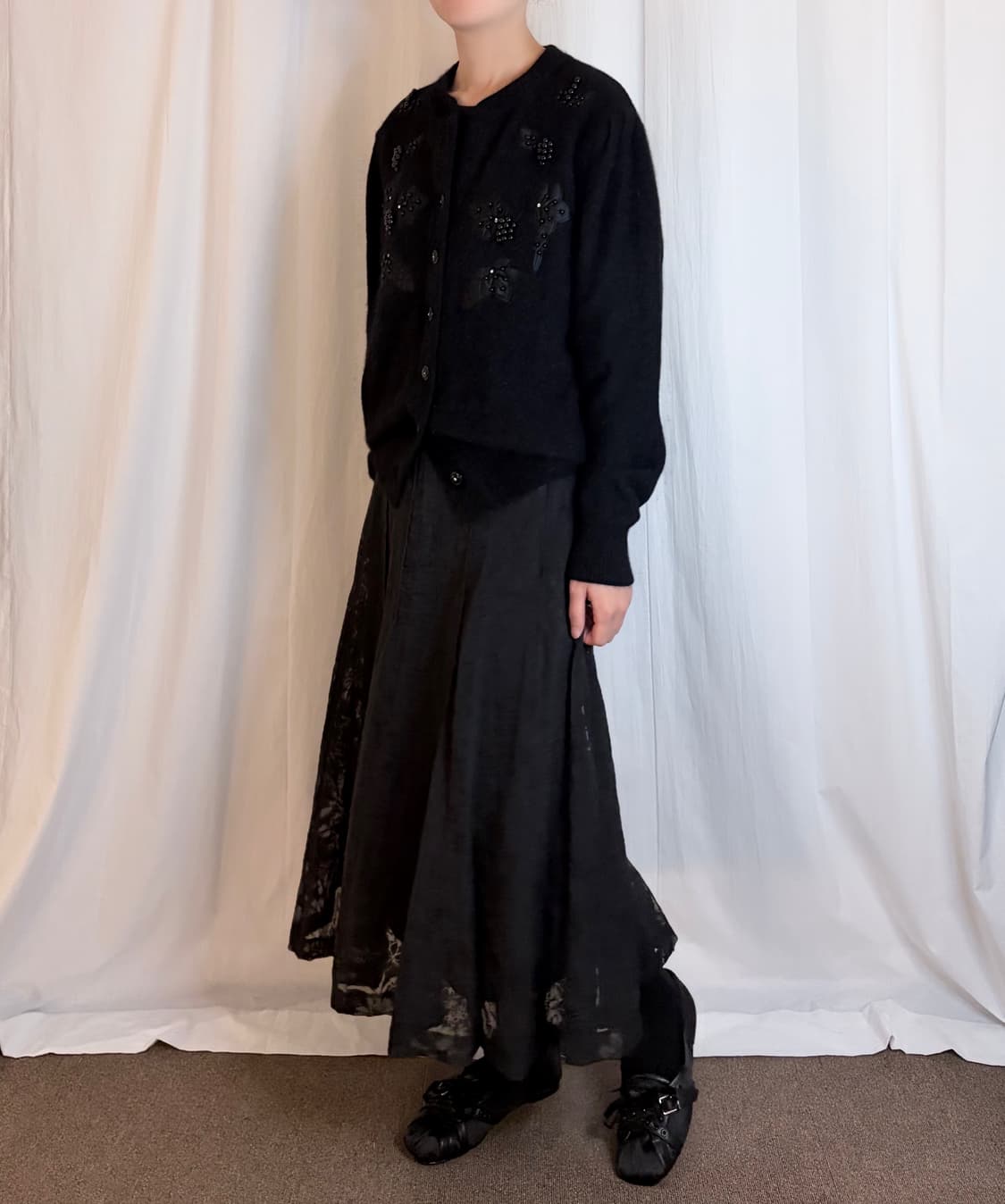 Sheer Pattern Long Skirt - Black 상품이미지2