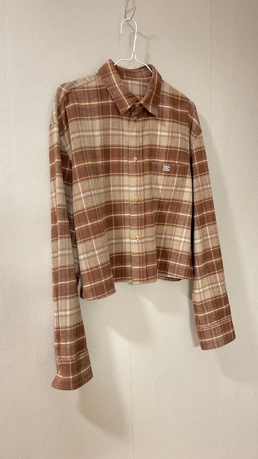 셀린느 Celine 캐시미어 100% 브라운 체크 크롭셔츠 M. 실착1회 상품이미지2