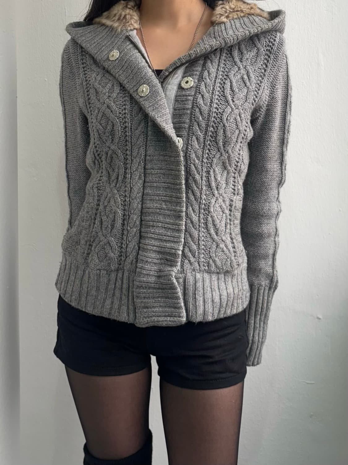 American Eagle Fur Hood Knit Zip-Up 상품이미지2