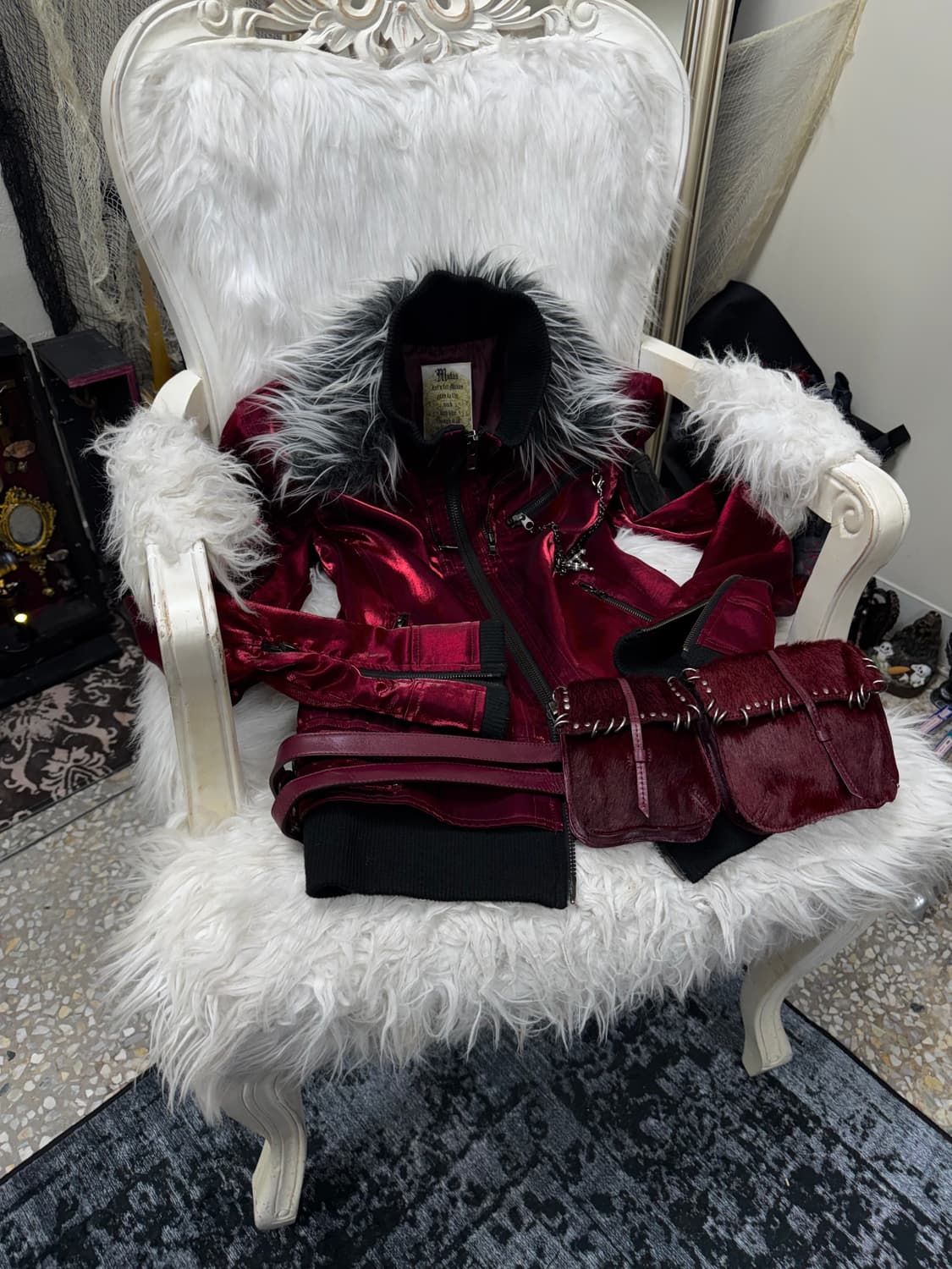 Midas 00s vkei satin red fur jacket 상품이미지2