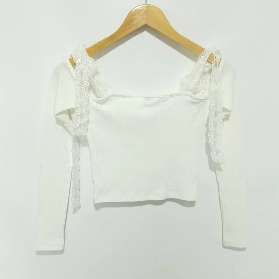 레이스 리본 크롭 오프숄더 티 F_M1238 상품이미지4