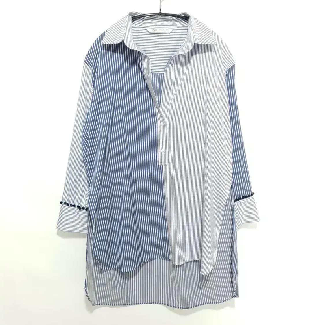 자라 스트라이프 배색 오픈카라 롱 셔츠 S_M1398 상품이미지1