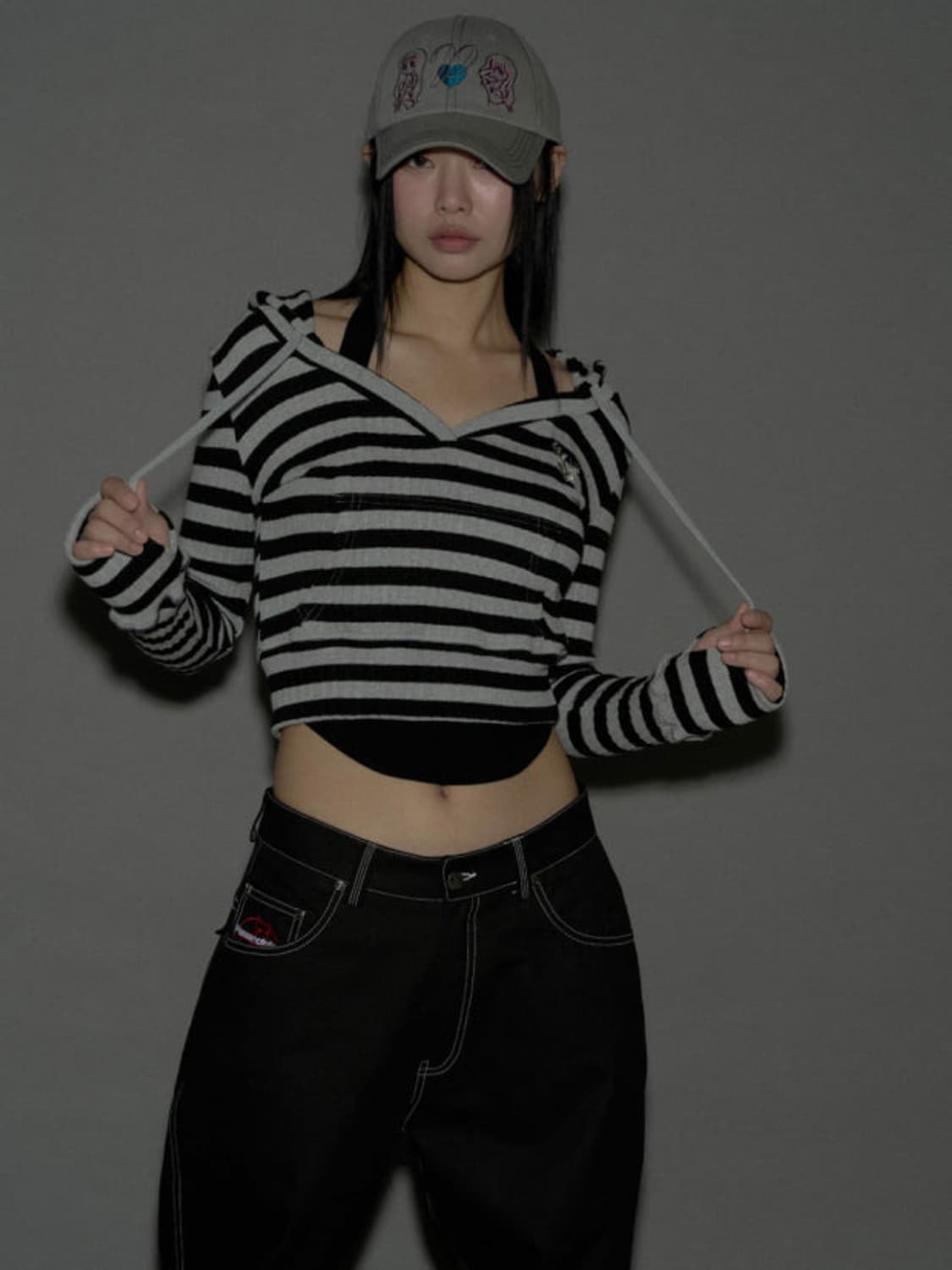 Deer Ribbed Crop Hoodie 스트라이프  상품이미지1