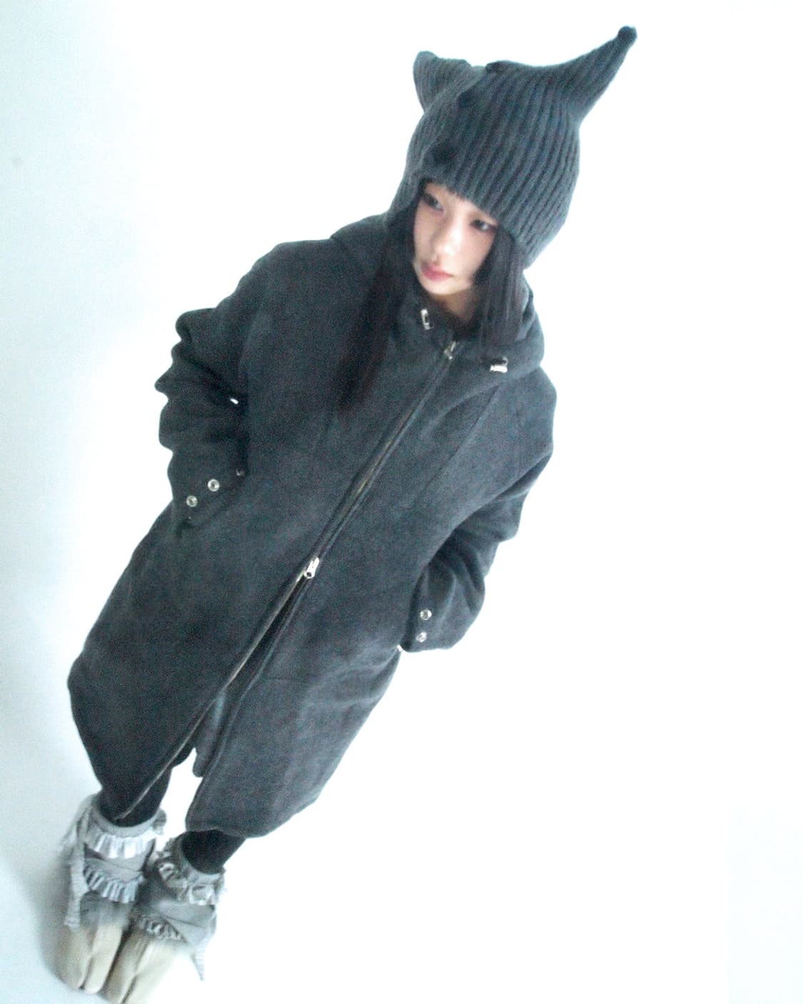 Eyelet point 2 way grey hooded coat 상품이미지6