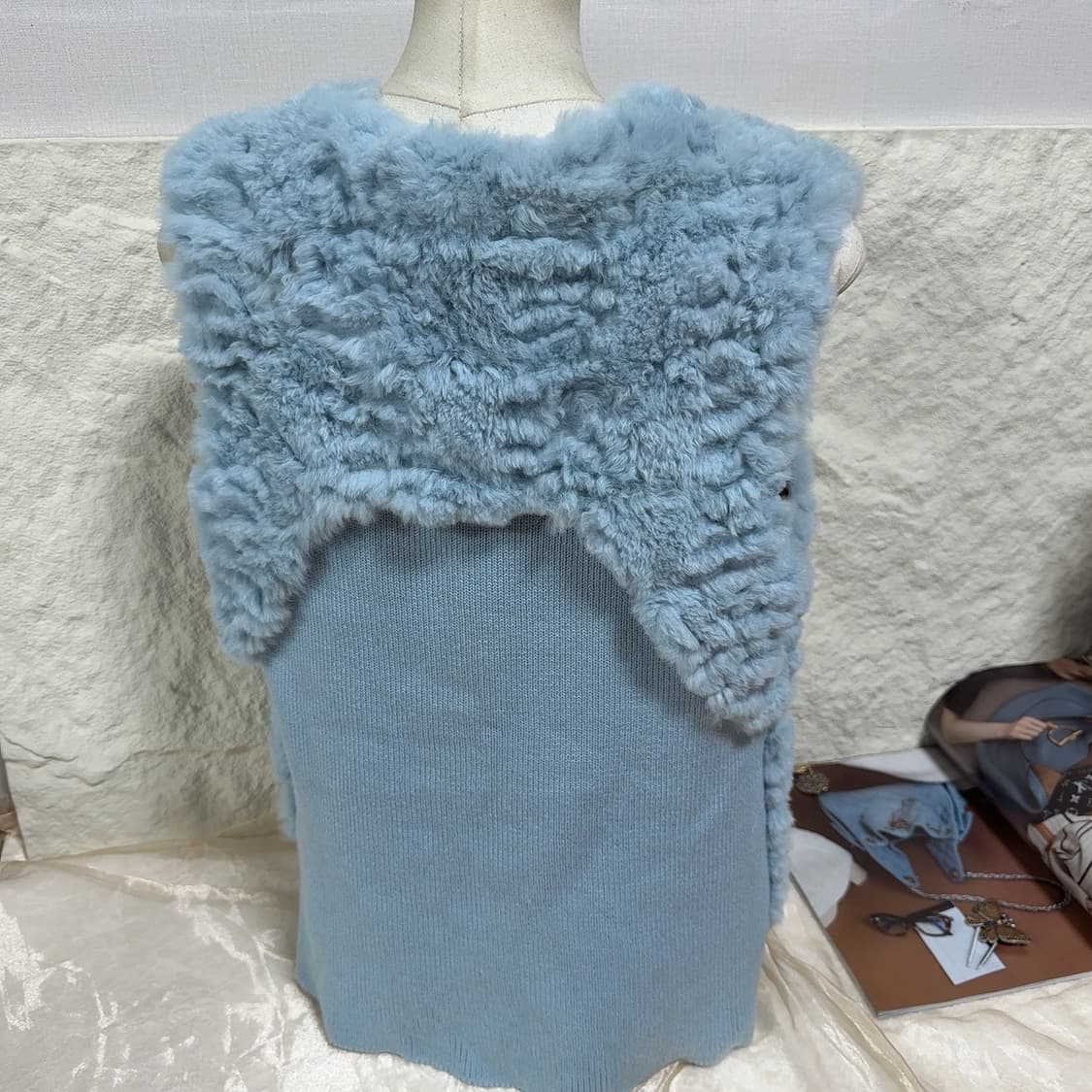 빈티지 하늘 블루 레빗 토끼털 니트 조끼베스트 상품이미지3